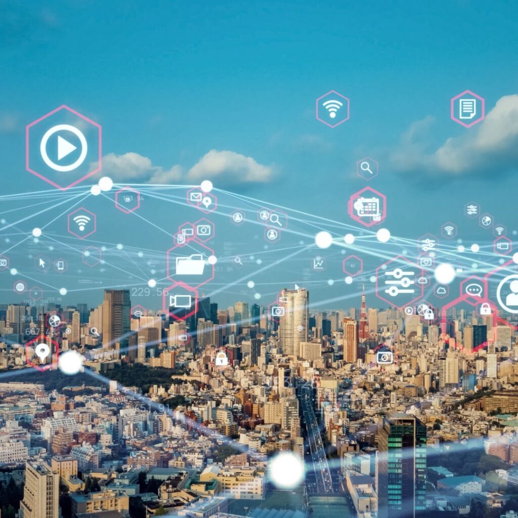 Bild einer Stadt überzogen ist mit gezeichneten Linien mit vielen Knotenpunkten